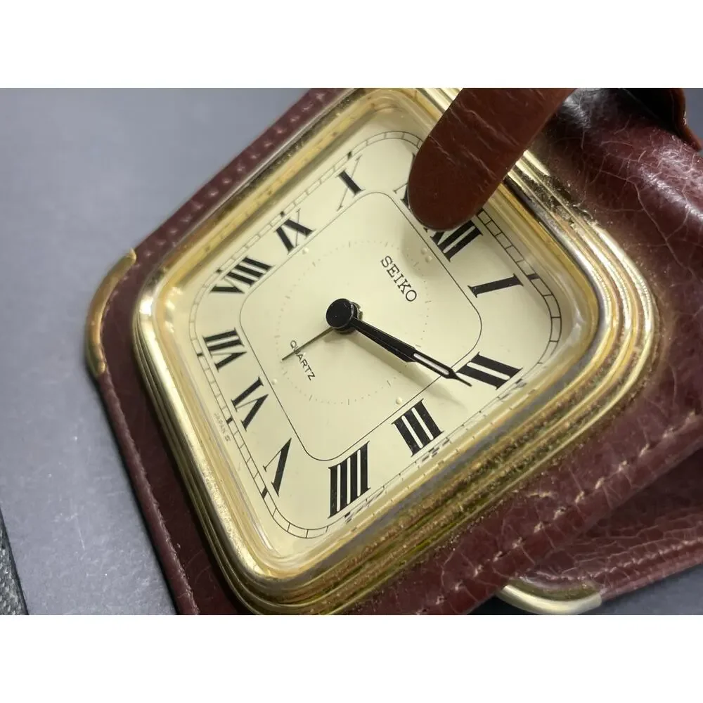 Vintage Seiko Quartz Travel Alarm Clock Brown Leather Folding Case QQ534B